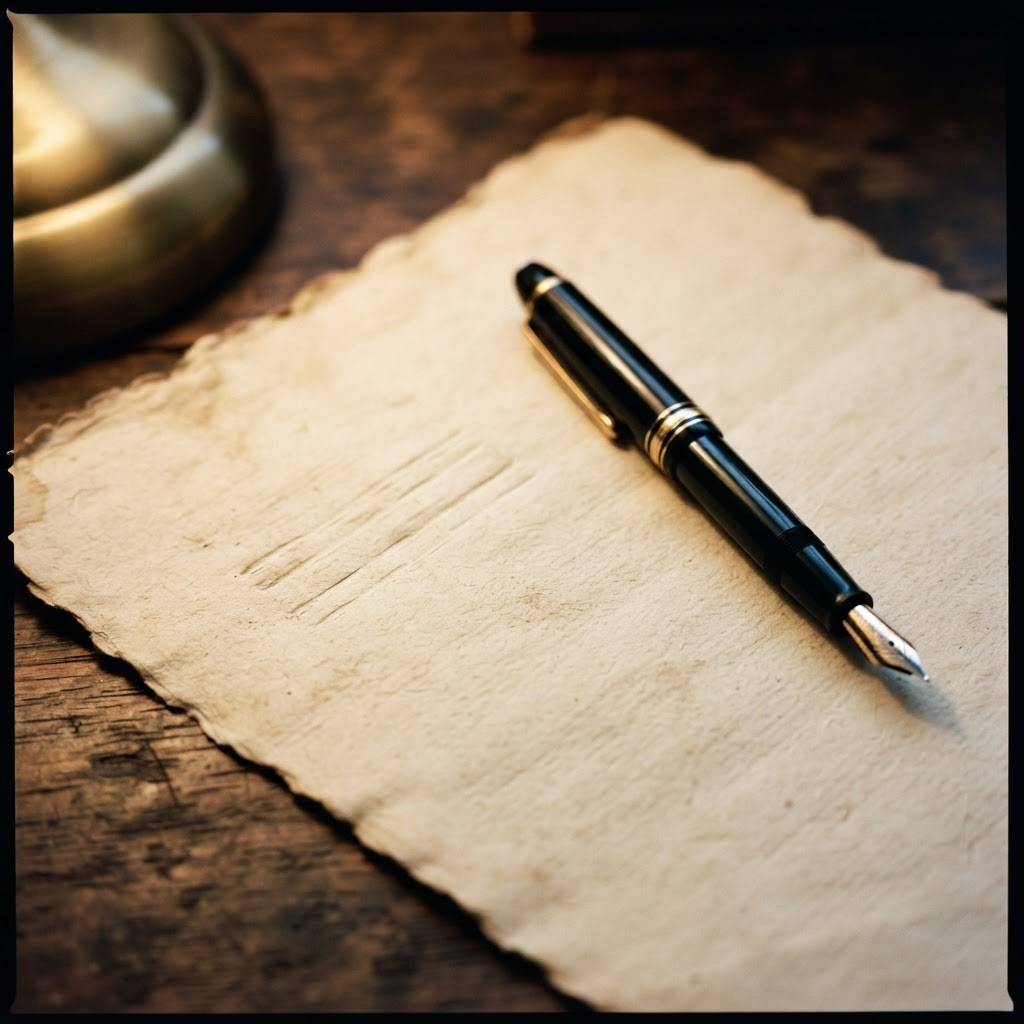 Aged cream paper with a fountain pen resting beside faint indentation lines