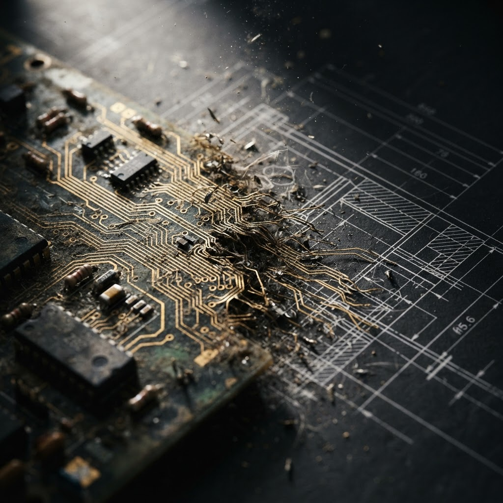 A circuit board dissolving into architectural blueprint grid lines, gold traces on black